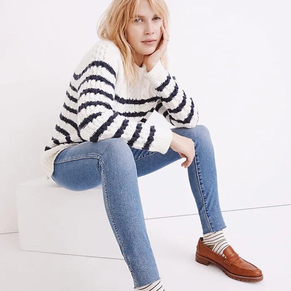 Madewell Linelle Cable knit Pullover Sweater in Stripe NWoT Small